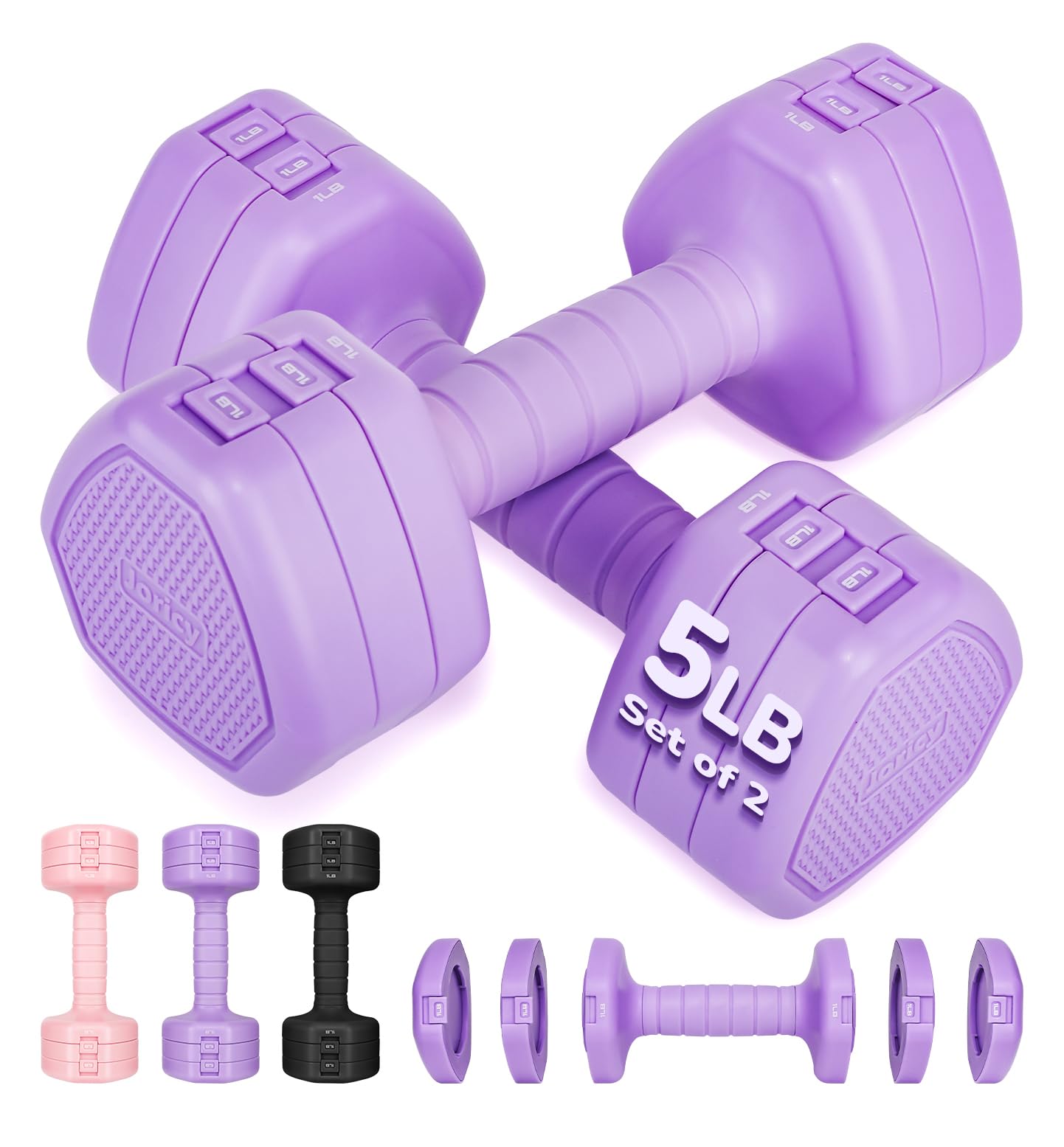 Adjustable Dumbbell Set of 2, 10LBS Hand Weights for Women Men 3-in-1 Free Weight Dumbbells Sets at Home, Each 1lb 3lb 5lb for Home Gym Exercise Workout Strength Training Equipments Purple