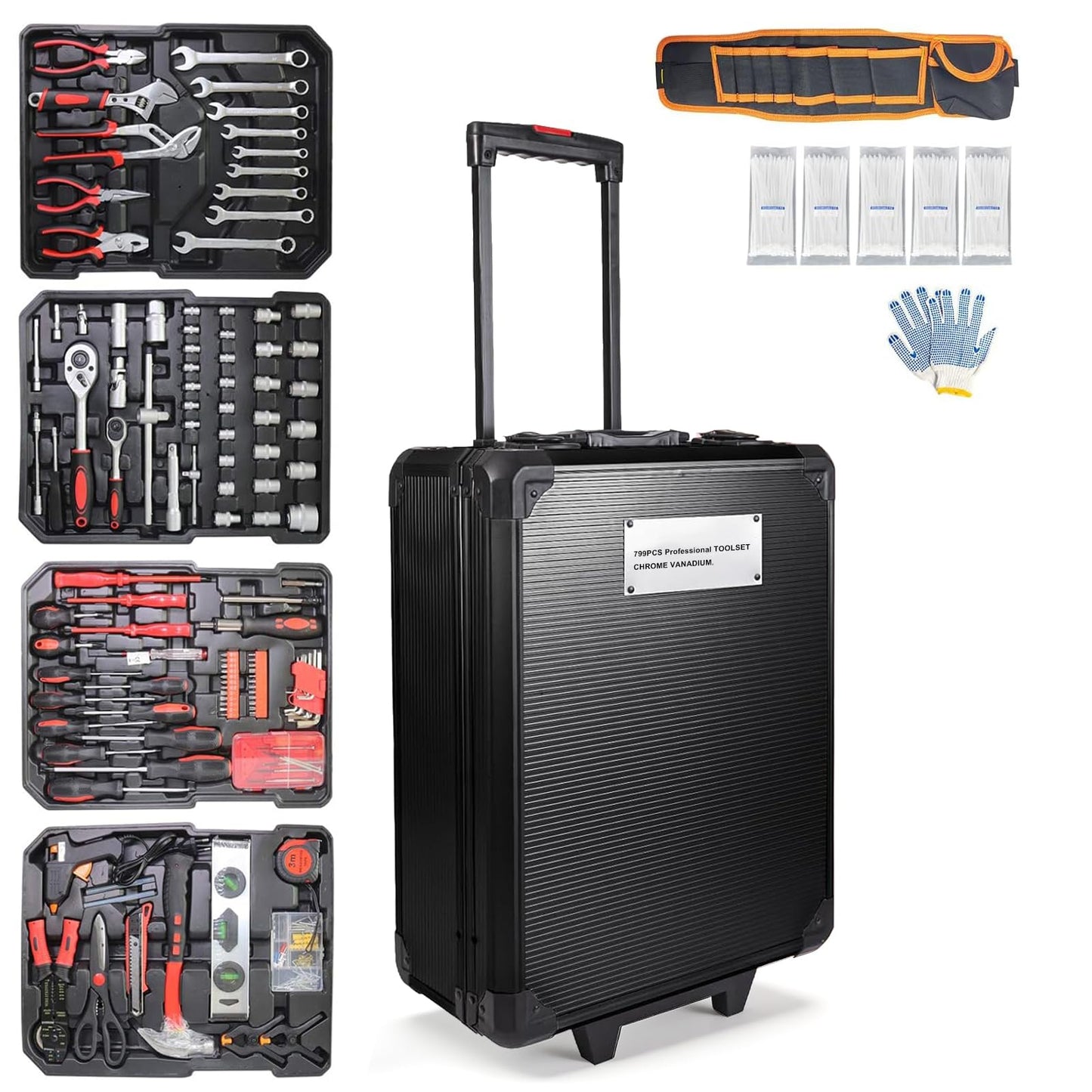 Arcwares 799pcs Aluminum Trolley Case Tool Set Silver, House Repair Kit Set, Household Hand Tool Set, with Tool Belt,Gift on Father's Day (Black)