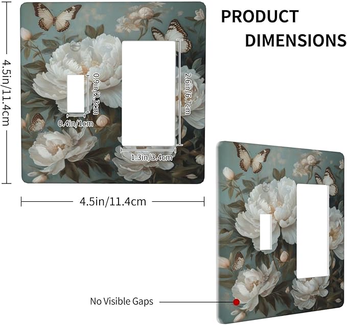 Decorative Art Light Switch Covers Butterflies & Peonies 2 Gang Single Toggle Rocker Combination Electrical Faceplate Switchplate Wall Plate for Home Decor