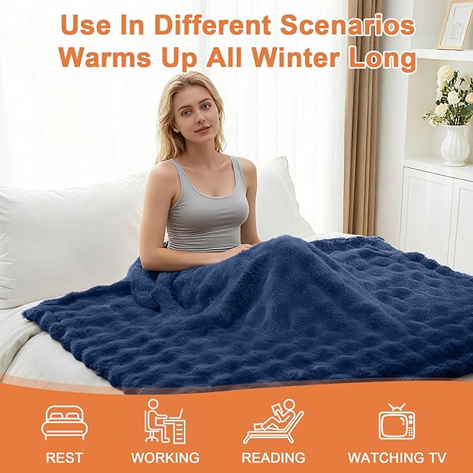 Heated Blanket Electric Throw Blanket 72''X 84''-Heating Blanket with 6 Heat Settings-10 Hours Auto Off,Cozy Faux Rabbit Fur Bubble Electric Blanket,Navy Blue