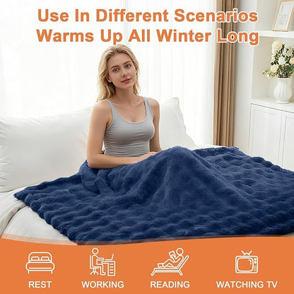 Heated Blanket Electric Throw Blanket 72''X 84''-Heating Blanket with 6 Heat Settings-10 Hours Auto Off,Cozy Faux Rabbit Fur Bubble Electric Blanket,Navy Blue