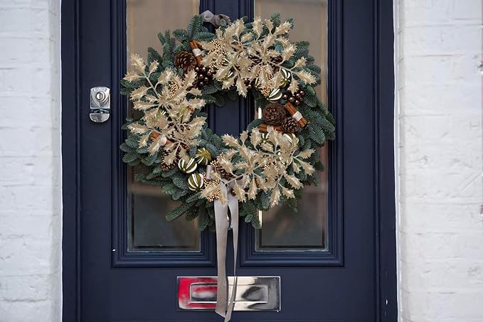 DILATATA 6Pcs Christmas Glitter Leaves Holly Leaves 23" Artificial Champagne Holly Leaf Picks Sprays Giltter Stems for Christmas Tree DIY Xmas Wreath Garland Home Decor - Champagne