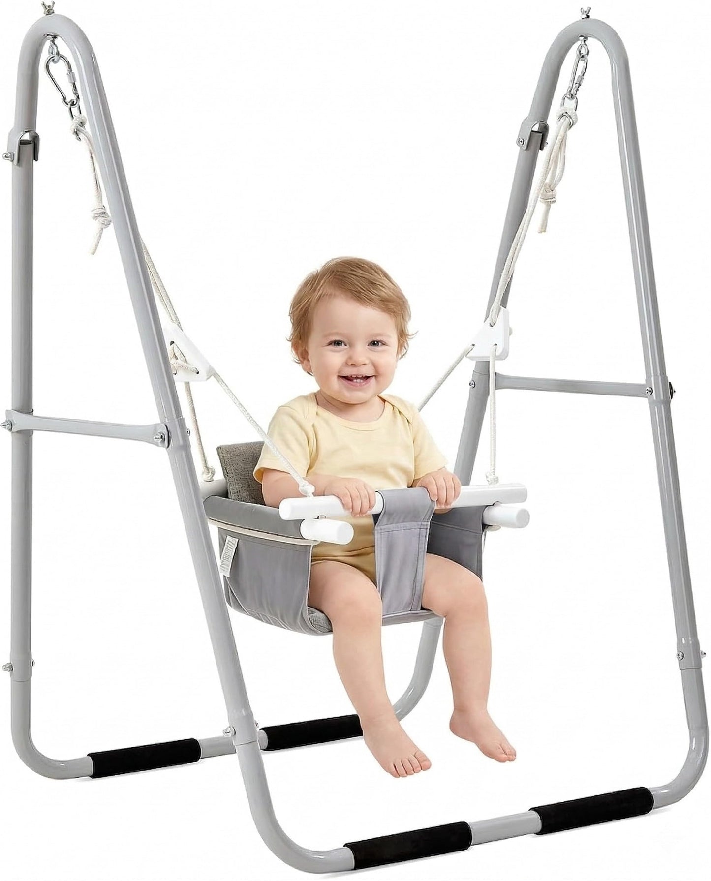 FUNLIO Baby Swing Set for Toddlers 6-36 Months, Foldable & Portable Swing for Indoor & Outdoor, Heavy Duty Metal Frame, Includes 2 Weight Bags & 4 Anti-Slip Pads, Easy to Assemble & Store – Gray