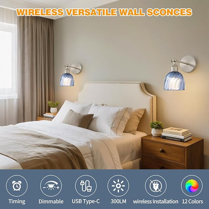 Vintage Battery Powered Cordless Wall Sconce Set of 2, Battery Wall Sconce with Blue Glass Lampshade, Rechargeable Battery Powered Wall Lights with Remote Control for Bedside Bedroom Doorway
