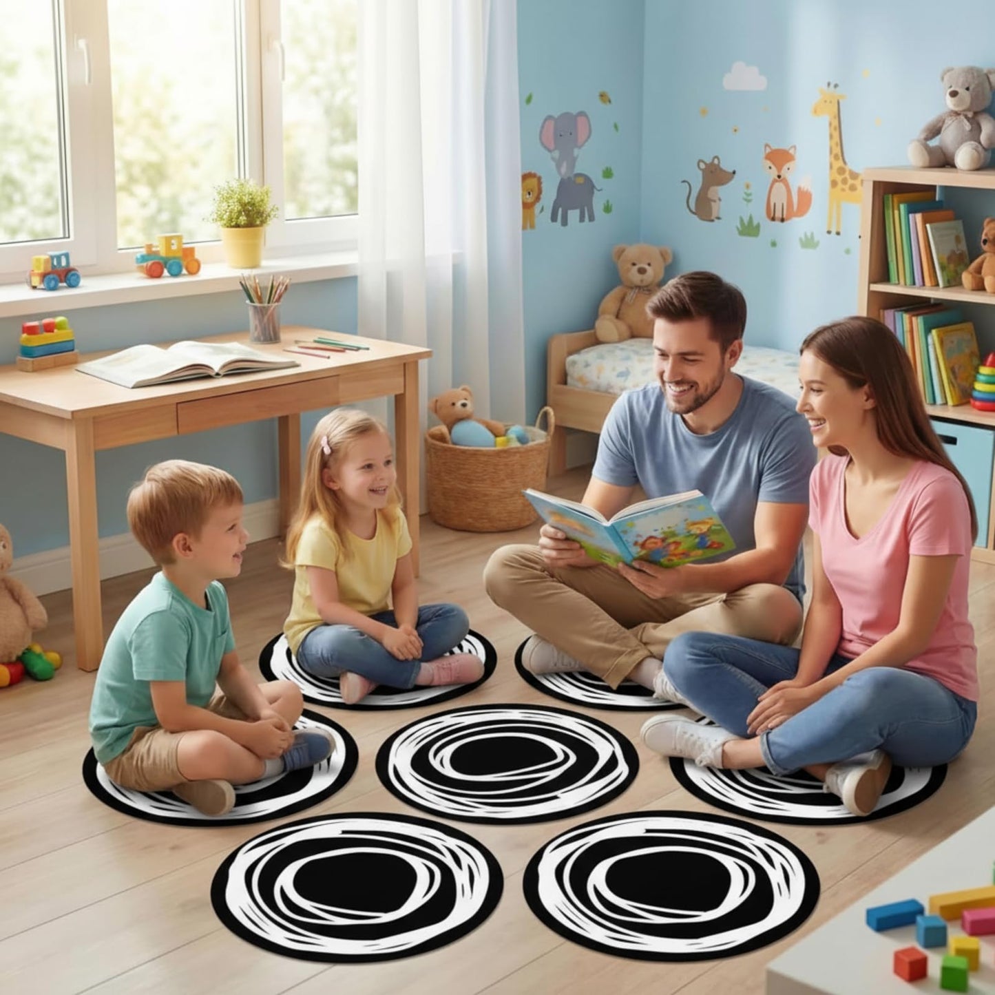 Teenyyou 6 Pcs 16" Black Fluffy Round Classroom Rug Elementary Sampler Abstract Educational Fuzzy Plush Area Rug Kid Room Children Classroom Carpet Playroom Learning Black Round Flexible Seat