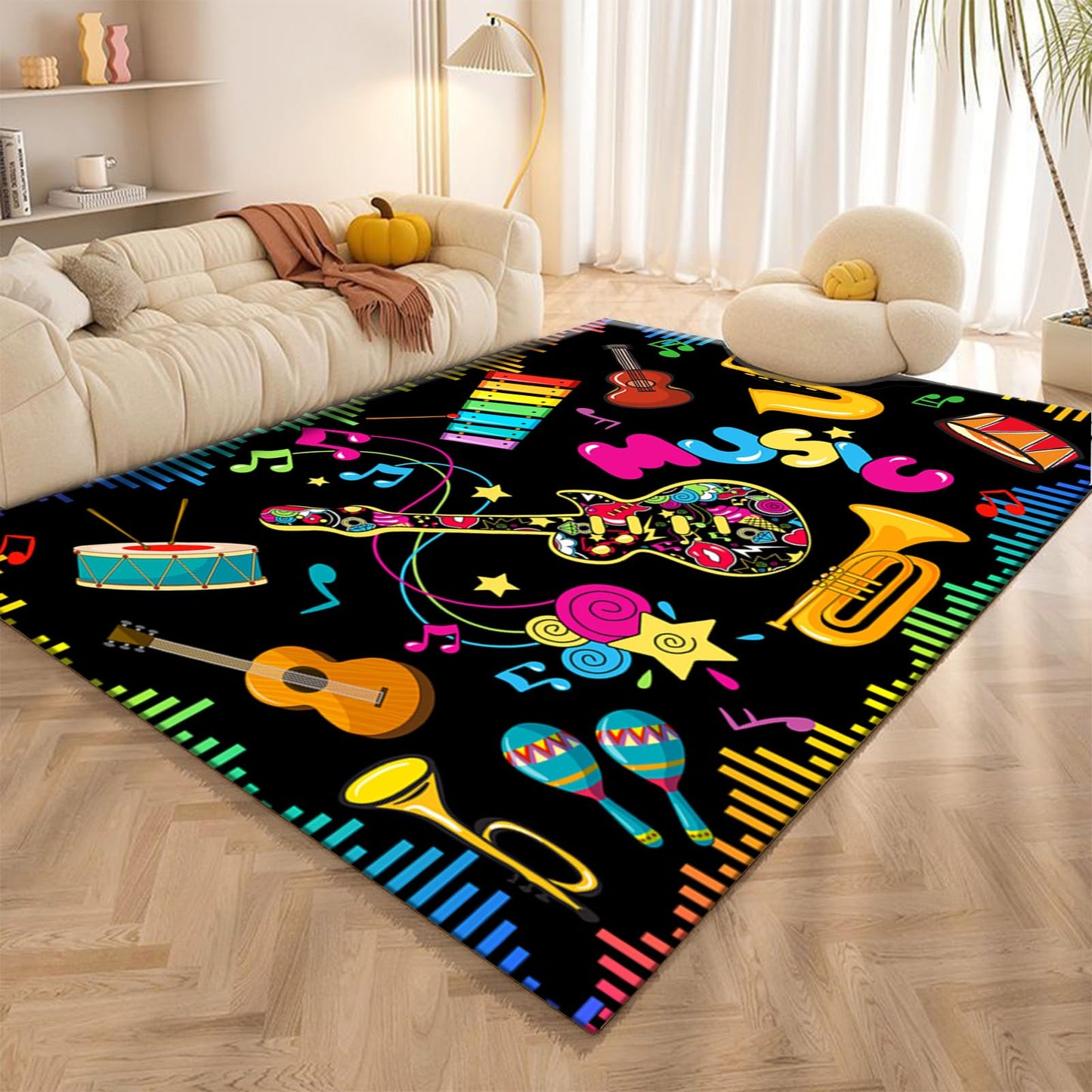 PLMHXC Musical Notes Musical Elements Printed Area Rug, 3x4ft, Guitar Drum Music Keyboard Classroom Playmat for Preschool, Durable Low Pile Fade Resistant Reduce Noise Rugs for Hallway Indoor