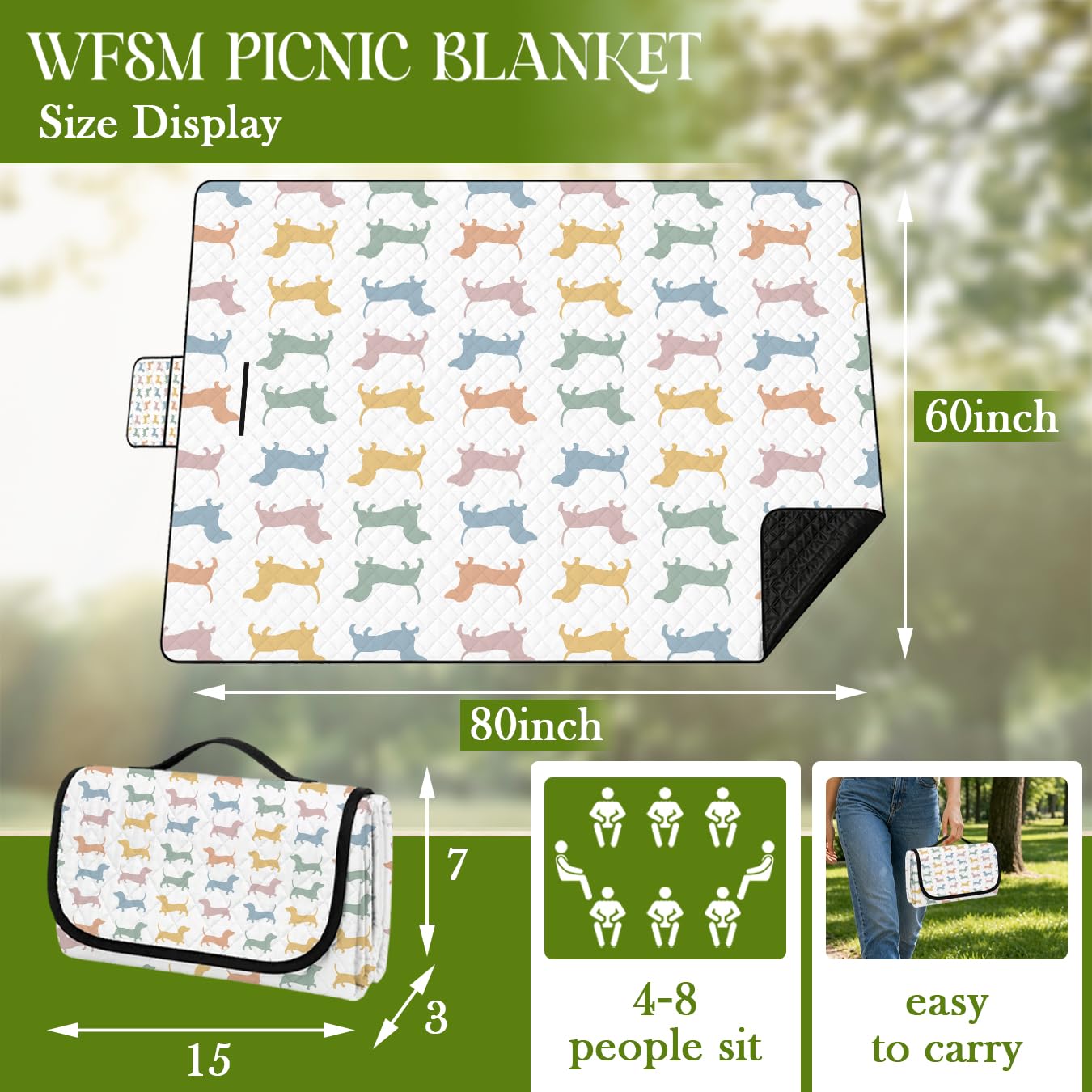 WFSM Dachshund Gifts Picnic Mat 80x60 Inch, Dachshund Lover Gifts, Colorful Weiner Dog Outdoor Play Mat for Adults and Toddlers Waterproof Sandproof Beach Blanket Travel Camping Rug