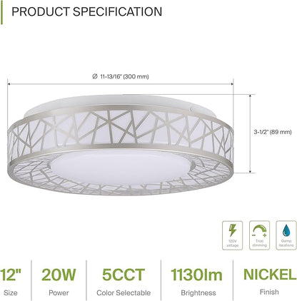 ASD 12 Inch LED Flush Mount Ceiling Light Fixture for Bedroom, 20W 1130LM 5CCT 2700K-5000K, Dimmable Lights, Dining, Living Room, Kitchen Lamps, Modern Home Lighting Fixtures, Nickel, ETL, 4 Pack