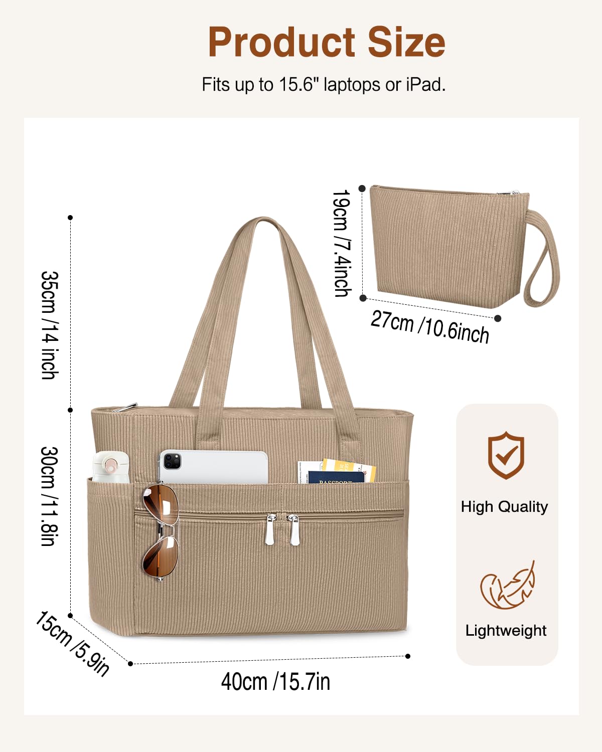 ZENTREON Laptop Tote Bags for Women Large Corduroy Tote Work Bags Lightweight Teacher Nurse Bible Bag for Work School Travel | with 12 Pockets, Zipper Handbag Bag, College Shoulder Bags