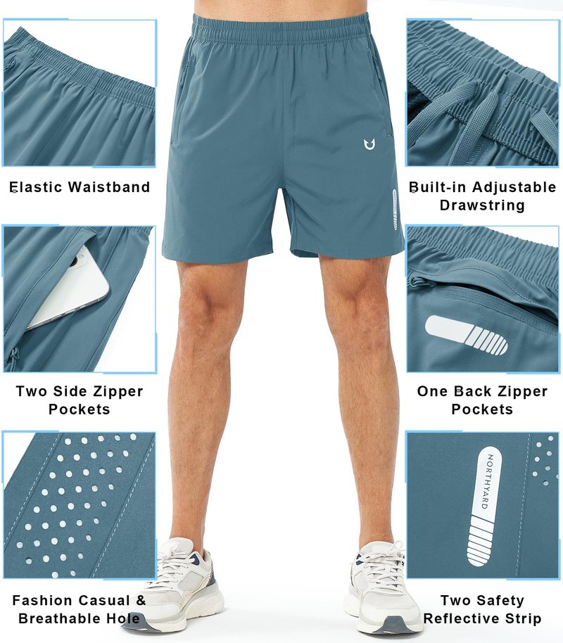 NORTHYARD Men's Athletic Running Shorts Gym Workout 7"/9"/5" Quick Dry Lightweight Sports Basketball Tennis 3 Zipper Pockets GREYBLUE-5inch L