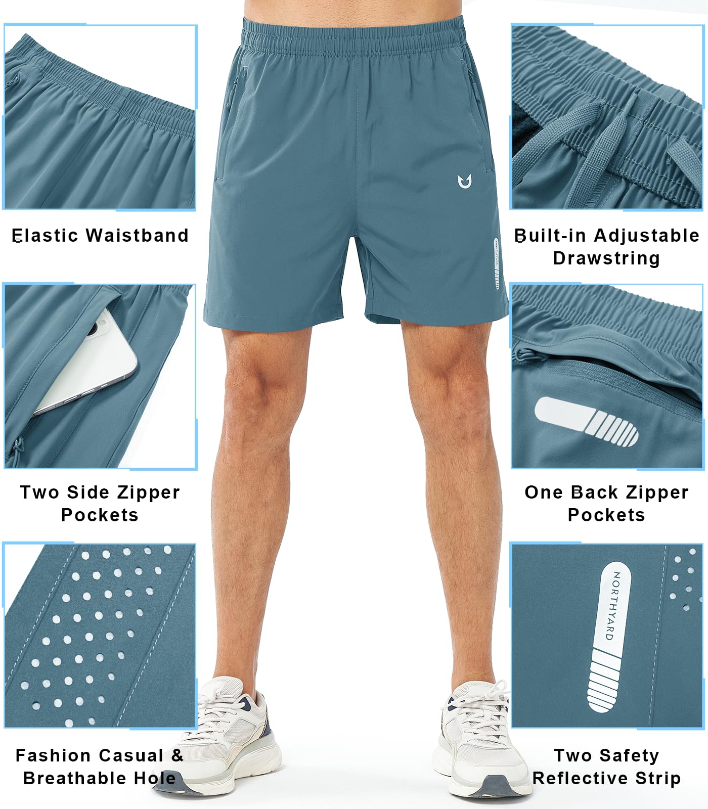 NORTHYARD Men's Athletic Running Shorts Gym Workout 7"/9"/5" Quick Dry Lightweight Sports Basketball Tennis 3 Zipper Pockets GREYBLUE-5inch M