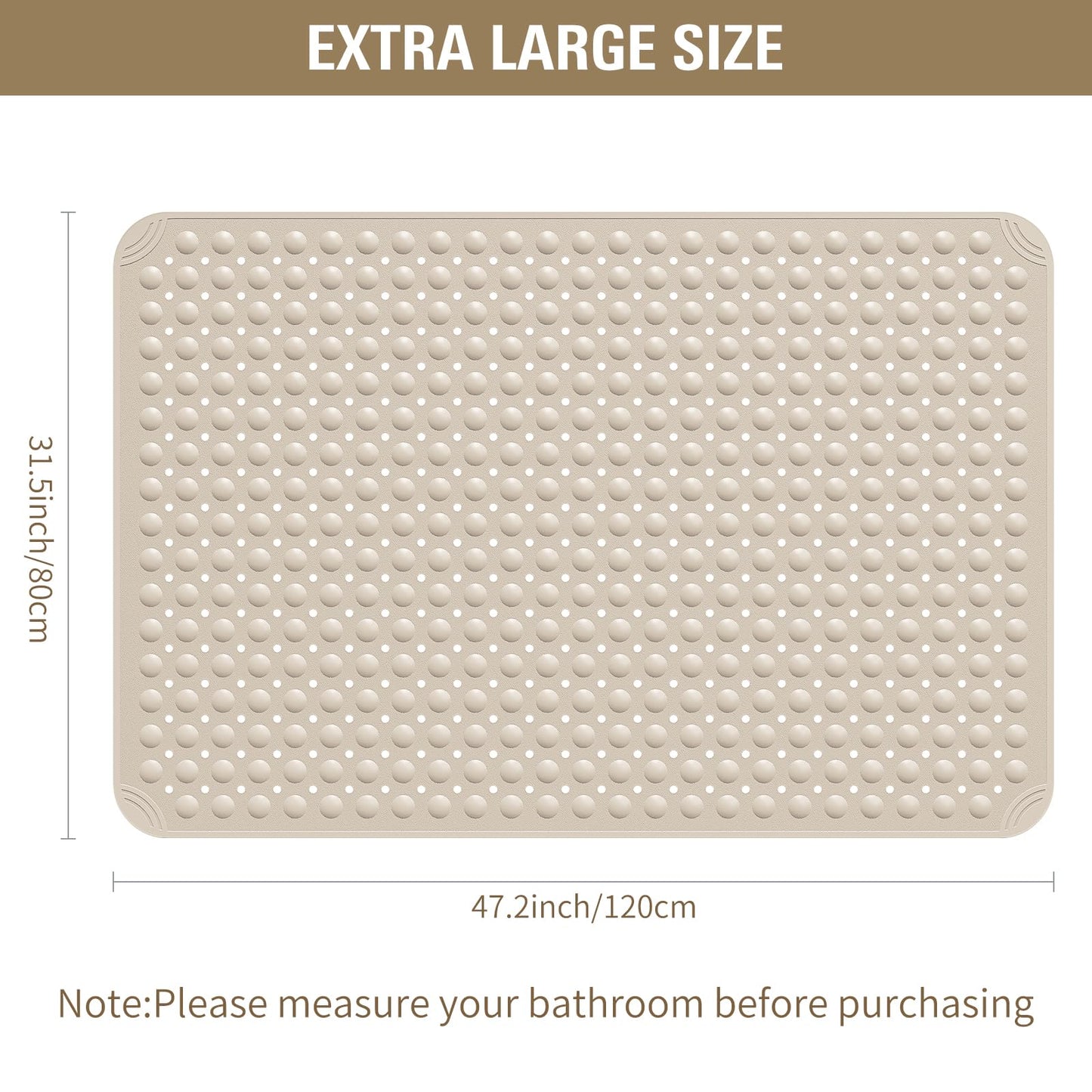 Yolife Extra Large TPE Shower Mat, 47.2" L x 31.5" W Anti Slip Bath Mat with Drain Holes and Suction Cups, Large Size Mat More Suitable for Shower Stall, No Odor, Heavy Mat