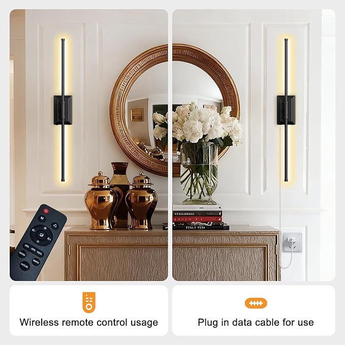 Battery Operated Wall Light Set of 2 - Black Picture Wireless Led Plug In Walls Sconce Fixture Indoor - Art Decor Bathroom Sconces Rechargeable - Modern Bedroom Cordless Lights Fixtures with Remote