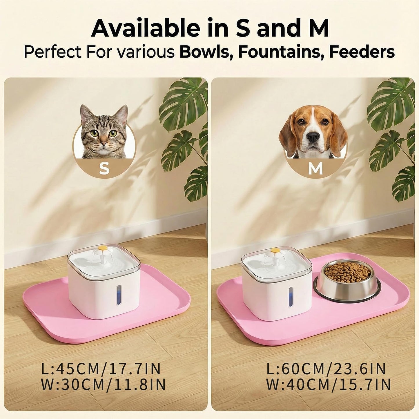 BLESWIN Waterproof Silicone Pet Feeding Mat Pink with Raised Edge,24" x 16"Non-Skid Spill Proof Dog Bowl Mats, Easy Clean Cat Bowls Placemat for Cats and Dogs
