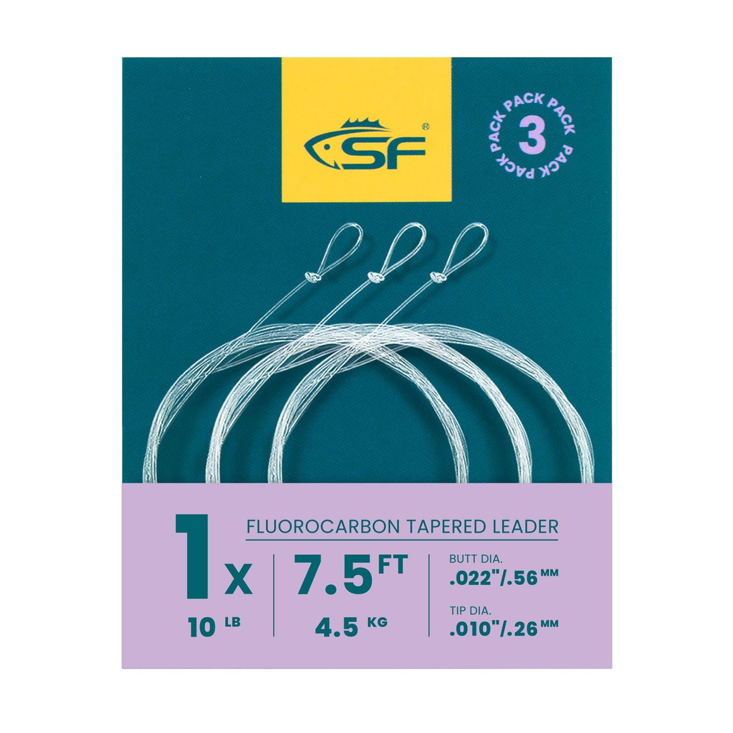 SF 3 Packs Pre-Tied Loop Fly Fishing Tapered Leader Fluorocarbon 7.5FT 1X