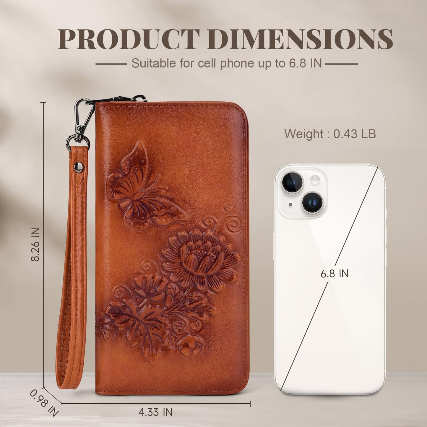 VIMUTI Womens Wallets Rfid Blocking Clutch Long Wallet for Women,Large Capacity Ladies Wallets with Card Slots and Phone Holder Embossed Flower Leather Travel Purse Wristlet Brown