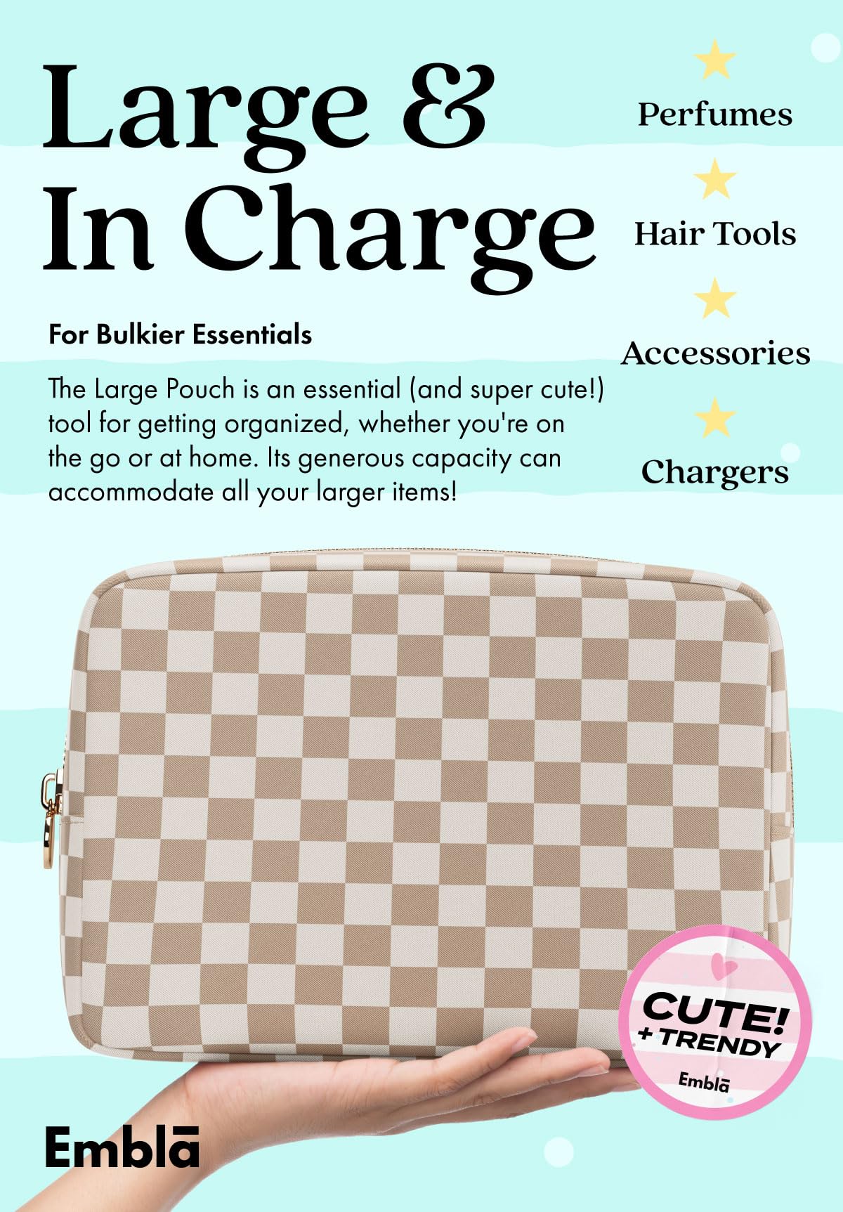 Embla Makeup Bag Travel Cosmetics Pouch and Toiletry Bag, Nylon Zipper Pouch Purse, Cute Make Up Organizer Storage Tote for Women Girls, Travel Skincare Case, Large Makeup Case, Sand Checkered