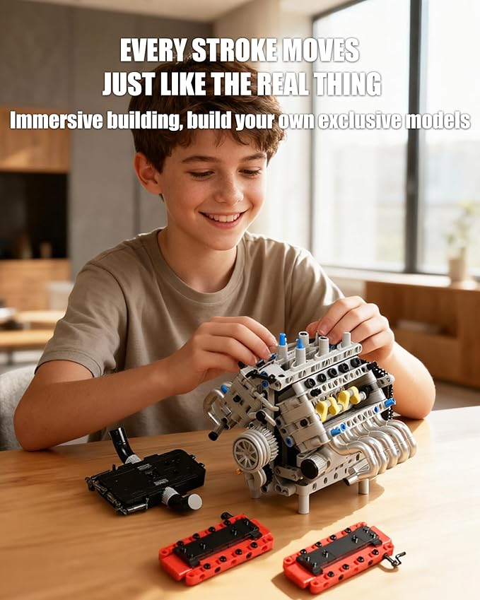 V8 Engine Building Set Build Your Own Mini V8 Model Engine Kit that Run with Battery and Motor 8-Cylinder Car Model Engine Building Toys for Adults Kids Age 14+ (1079PCS)