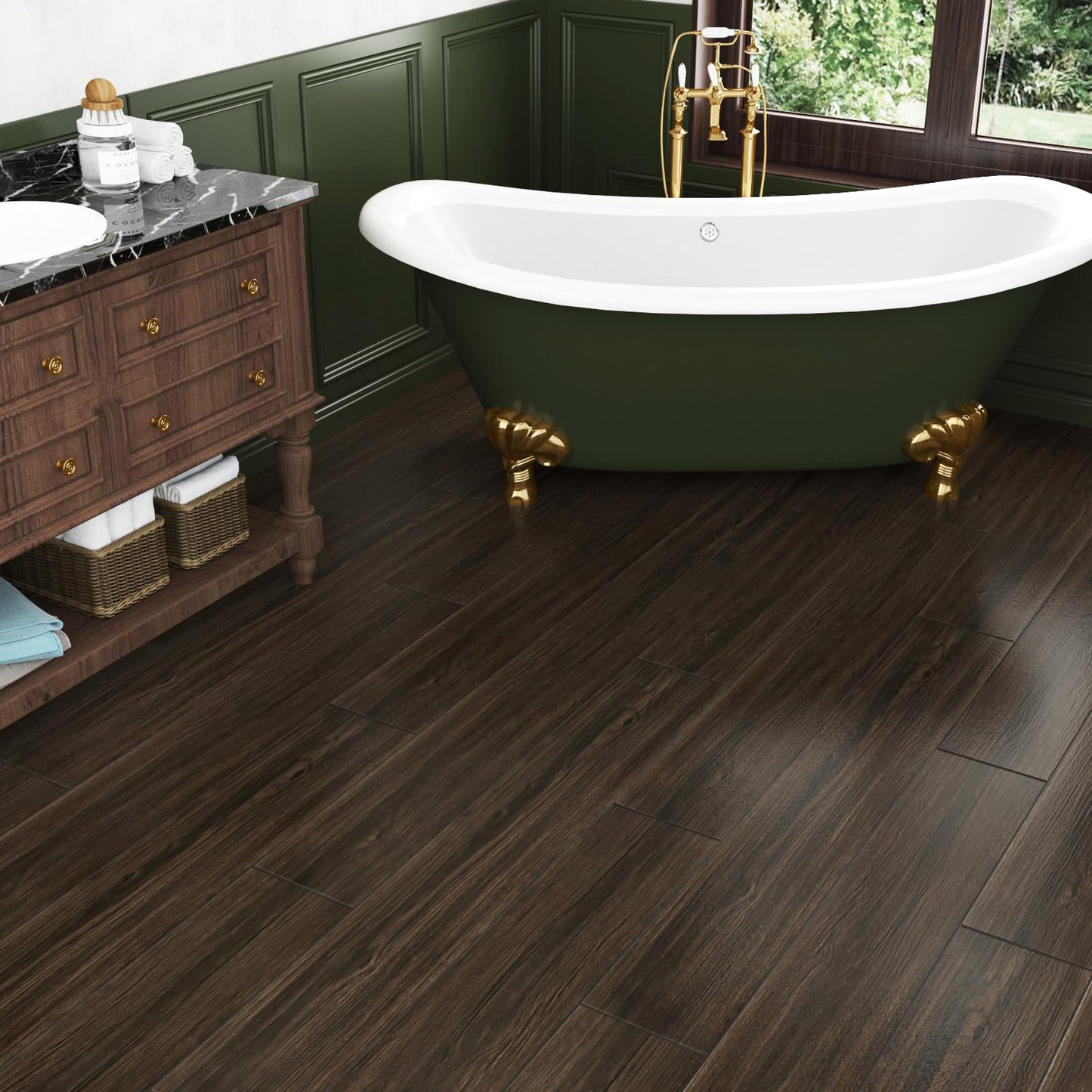 Wallercity 6"x36" 4PCS Vinyl Flooring Peel and Stick Floor Tile Bathroom Deep Brown Wood Grain Plank Self Adhesive Stick on Floor Tile Waterproof Removable Flooring Sheets for Kitchen Bedroom Basement
