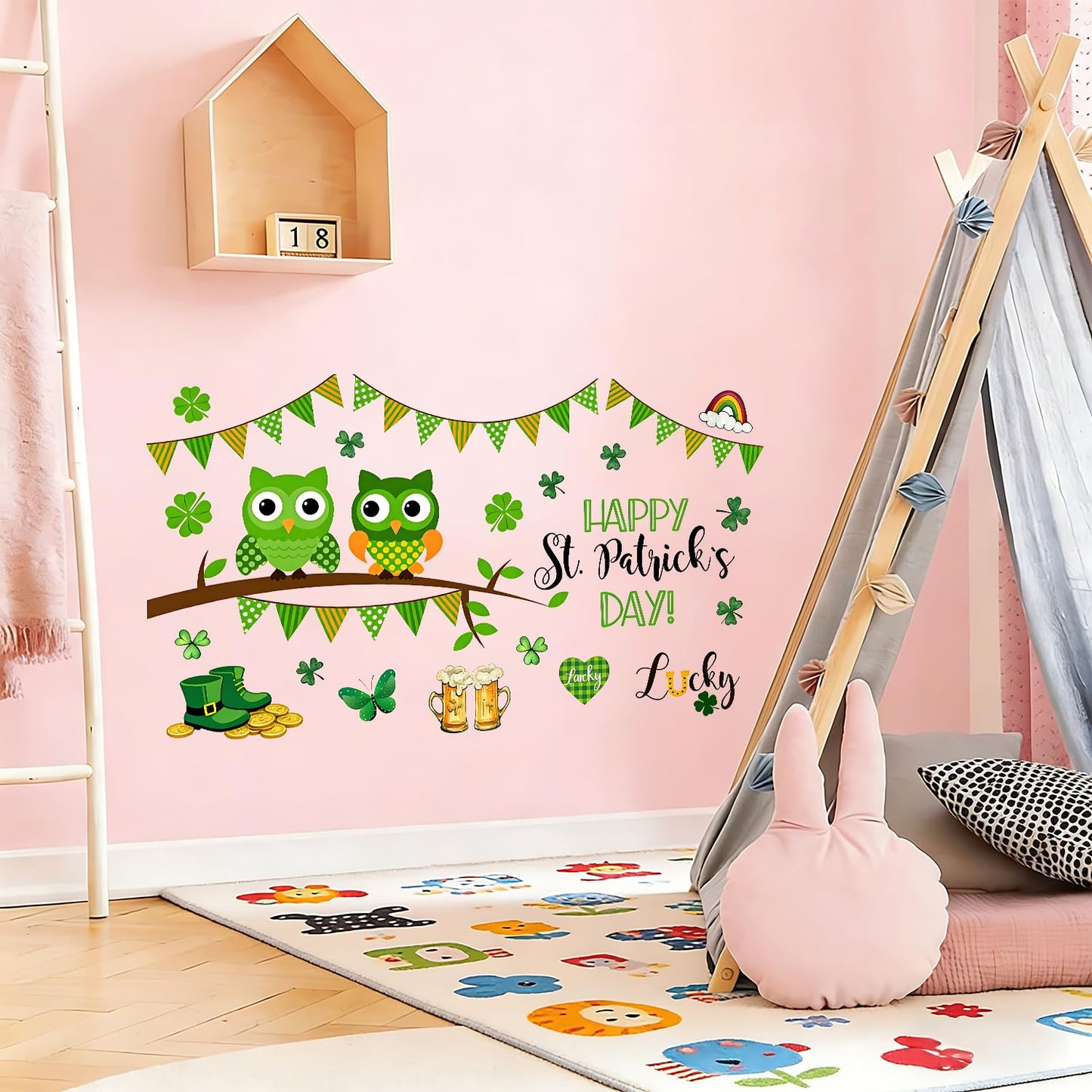 FOREVER QUEEN St. Patrick's Home Party Wall Decals -Shamrock Lucky Owl Stickers,Peel and Stick Removable Wall Art for Family Party Decor