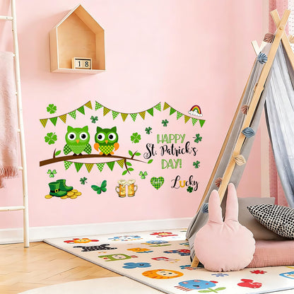 FOREVER QUEEN St. Patrick's Home Party Wall Decals -Shamrock Lucky Owl Stickers,Peel and Stick Removable Wall Art for Family Party Decor