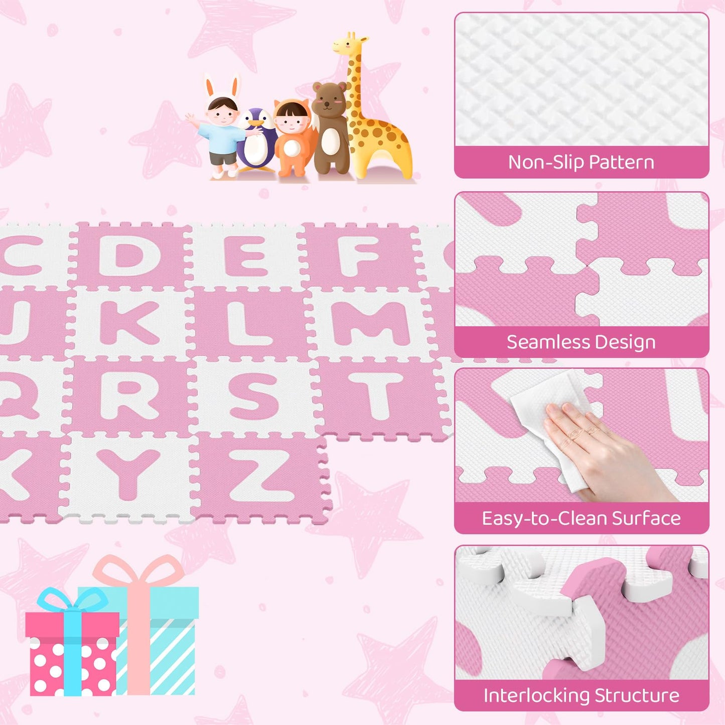 HONEY JOY Foam Floor Tiles for Kids, 12.5” x 12.5” EVA 26-Piece Interlocking Alphabet Puzzle Play Mat, Non-Slip Large Soft Carpet Rug, Easy to Clean, for Baby Crawling Exercise, Playroom (Pink)