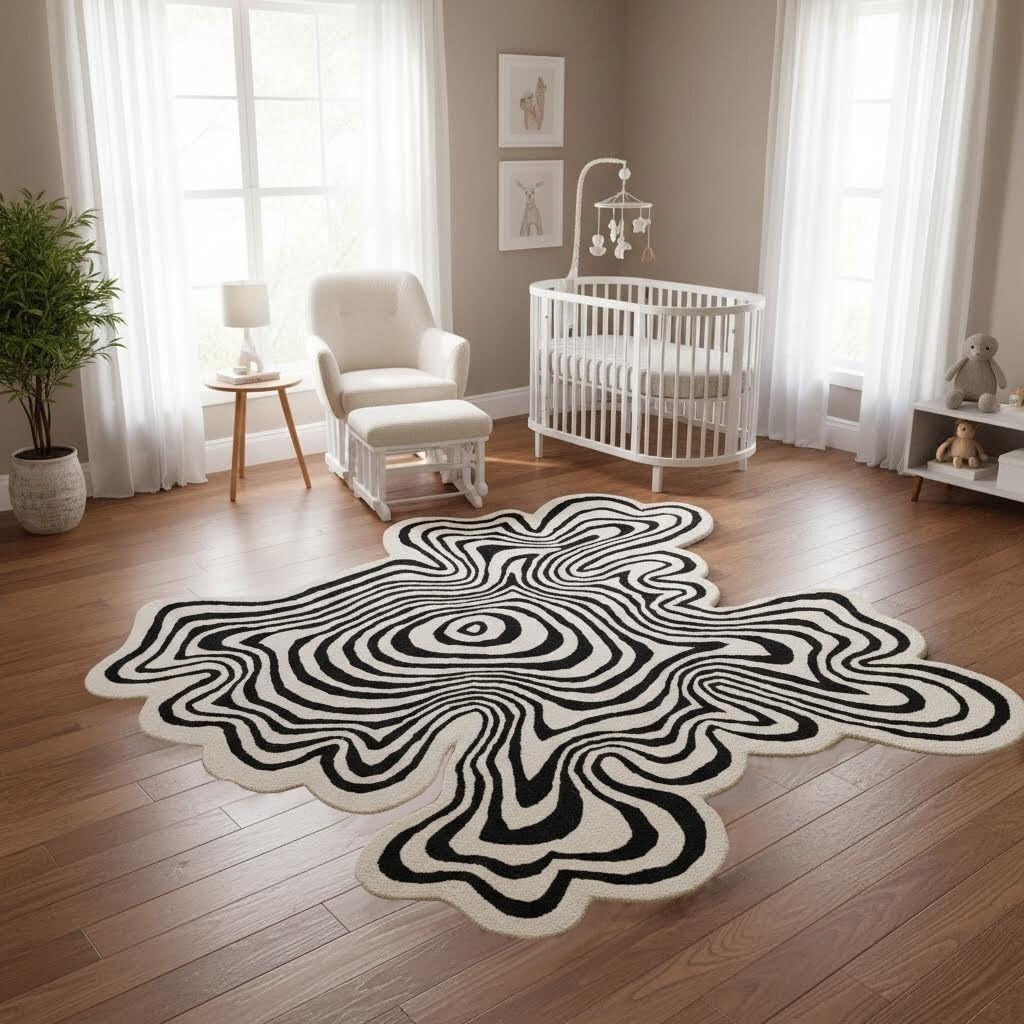 Irregular Shaped Black Beige Large Square Rug 5x5 Illusion Abstract Striped Pattern Washable Easy Clean Deco Rugs Living Room Diningroom Bedroom Playroom Guestroom Home Office Modern Carpet