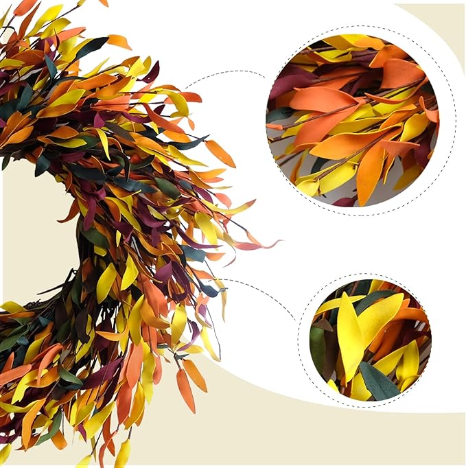 Bibelot Fall Leaf Wreath, 20’’ Autumn Front Door Wreath, Harvest Wreath with Leaves, Fall Decorations for Indoor Outside Wall Window Festival Thanksgiving Fall Autumn Decor