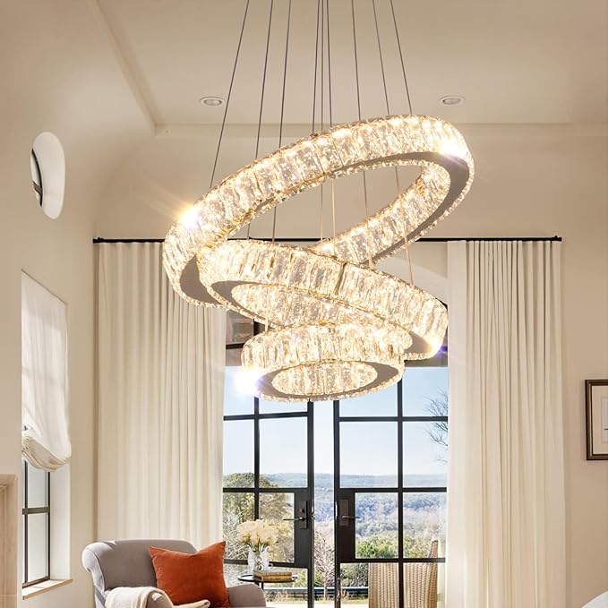 FRIXCHUR 3 Ring LED Chandelier Modern Crystal Chandeliers LED Pendant Lights Gold Ring Chandelier for Bedroom Dining Room High Ceiling Foyer (3000K Warm Light)