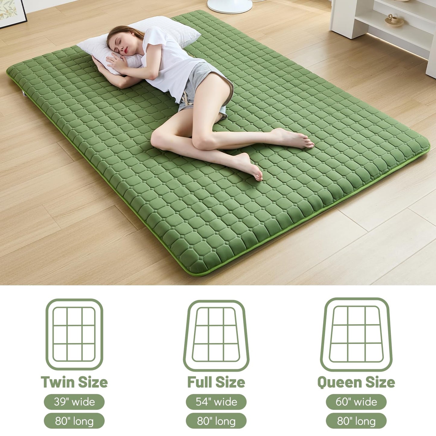 Zelladorra Japanese Floor Mattress Twin, Anti-Slip Japanese Futon Roll Up Tatami Mat for Guests, Green
