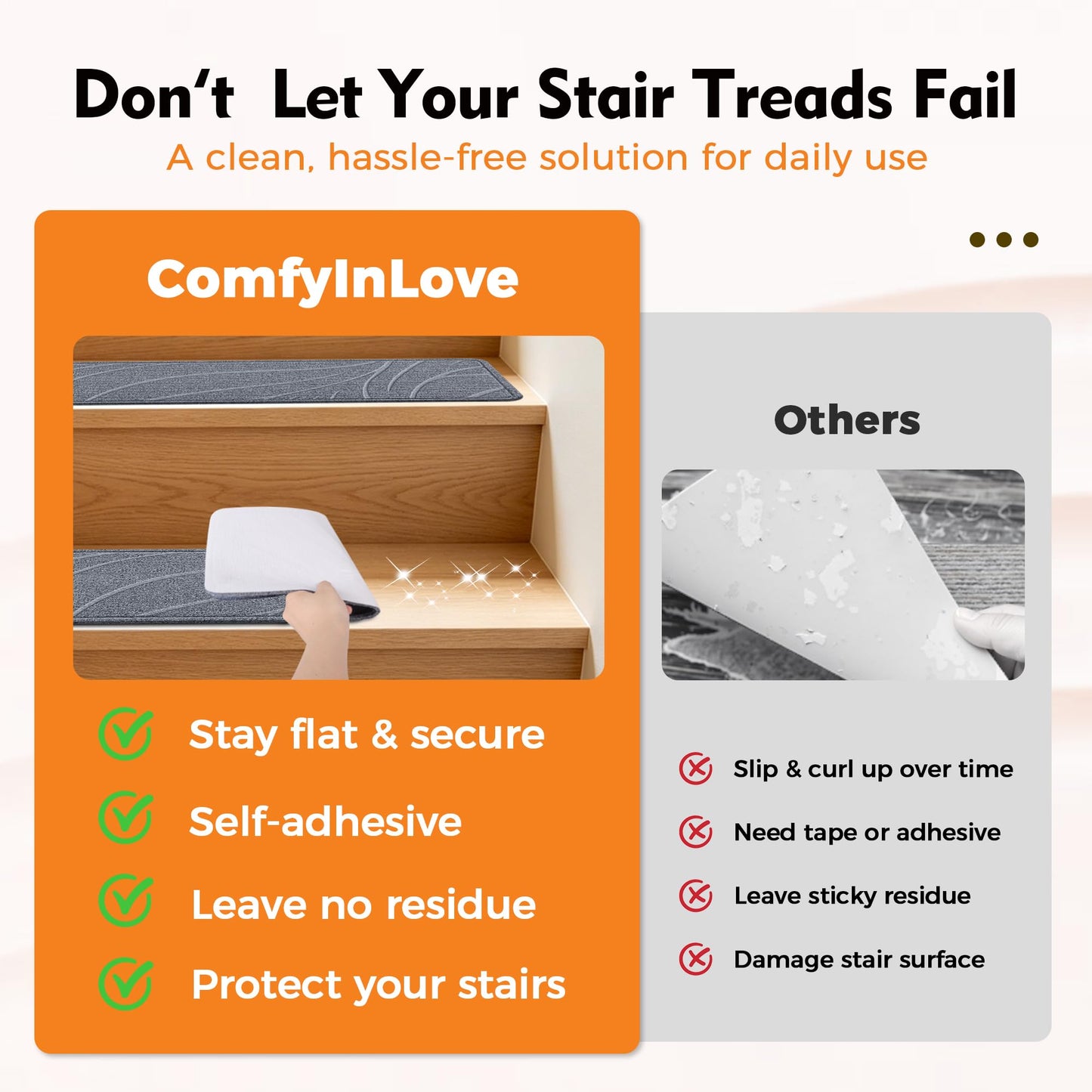 ComfyInLove Stair Treads for Wooden Steps, 15 PCS 8"x30", Non-Slip Indoor Stair Runners, Washable & Reusable Stairs Carpet Rugs with TPE Backing, No Residue, Safe for Kids, Pets, Seniors (Gray)