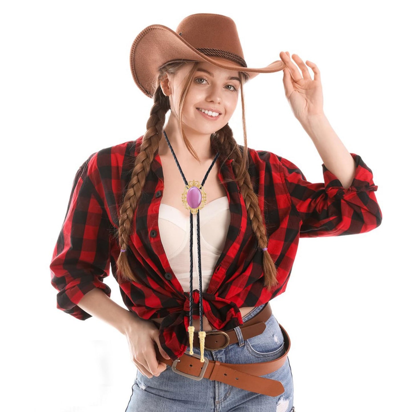 GelConnie Pink Bolo Tie - Western Cowboy Bolo Tie with Leather Cord & Turquoise Stone for Men & Women