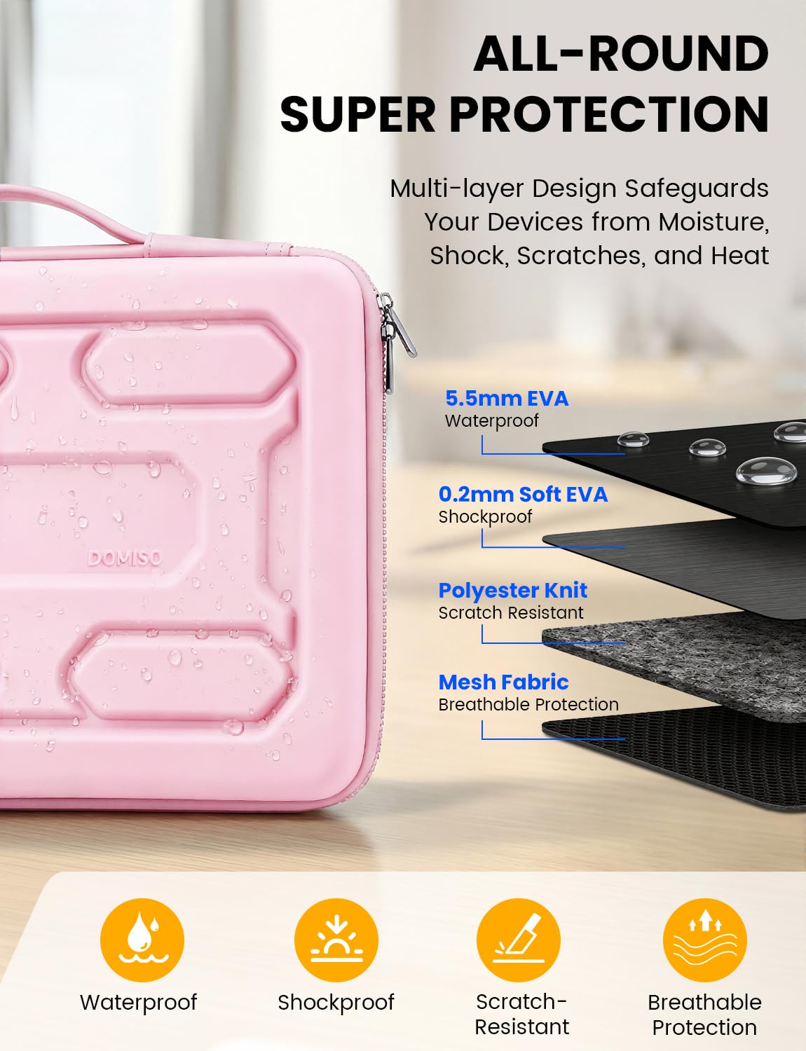 DOMISO Laptop Hard Case 14-14.4 inch Waterproof Shockproof Hard Shell Laptop Sleeve with Handle & Storage Pocket, Compatible with MacBook, HP, Dell,Pink
