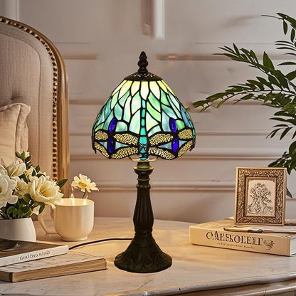 Small Tiffany Lamp 3 Color Temperature Blue Dragonfly Stained Glass Table Lamps 7X7X14 Inch Bedside Nightstand Night Light Desk Office Light for Living Room Bedroom W/LED E12 Bulb