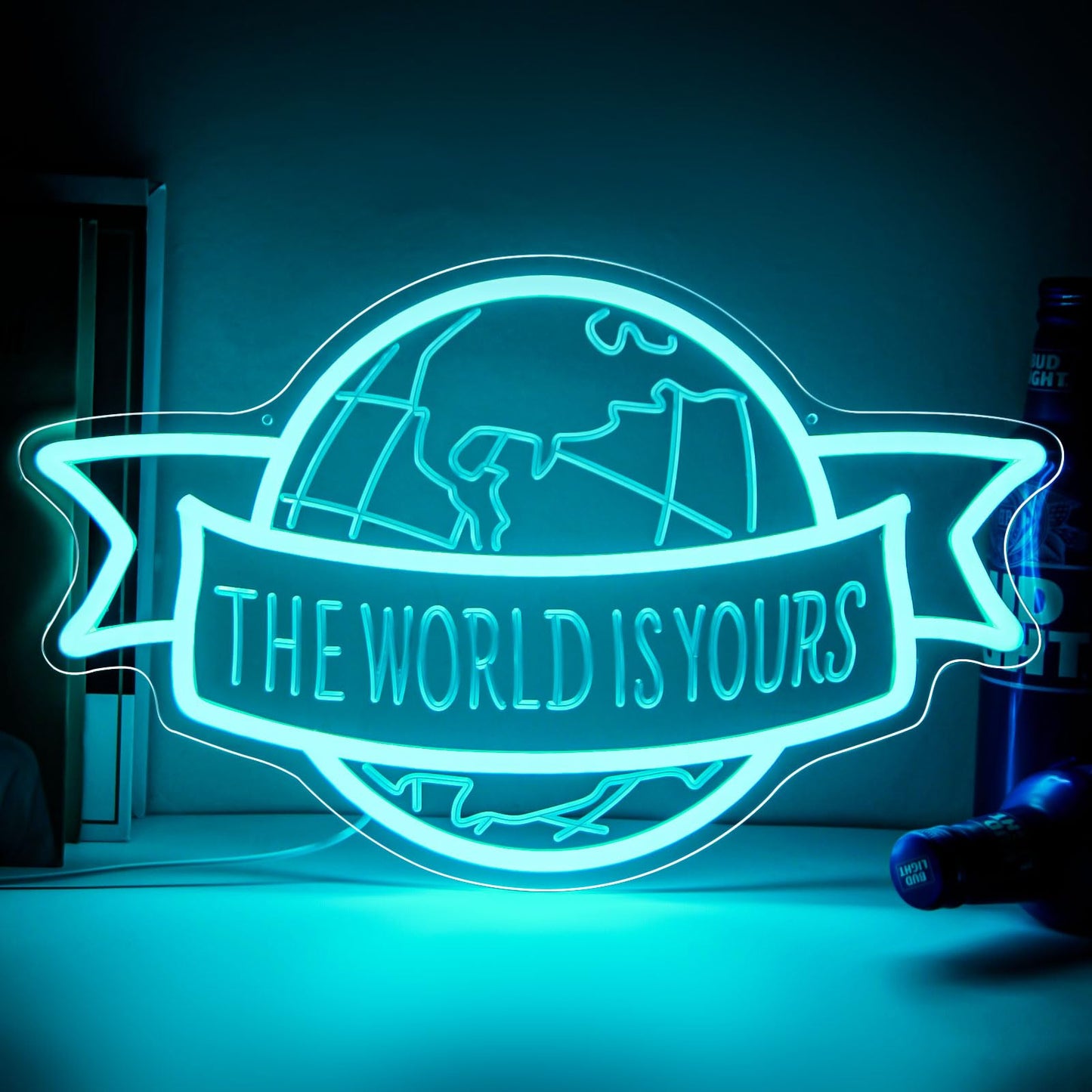 The World Is Yours Neon Sign Motivational Blue LED Neon Light for Classroom, Bedroom Man Cave Wall Decor Dimmable, Unique Birthday Christmas Gift for Kids, Teens, Adults