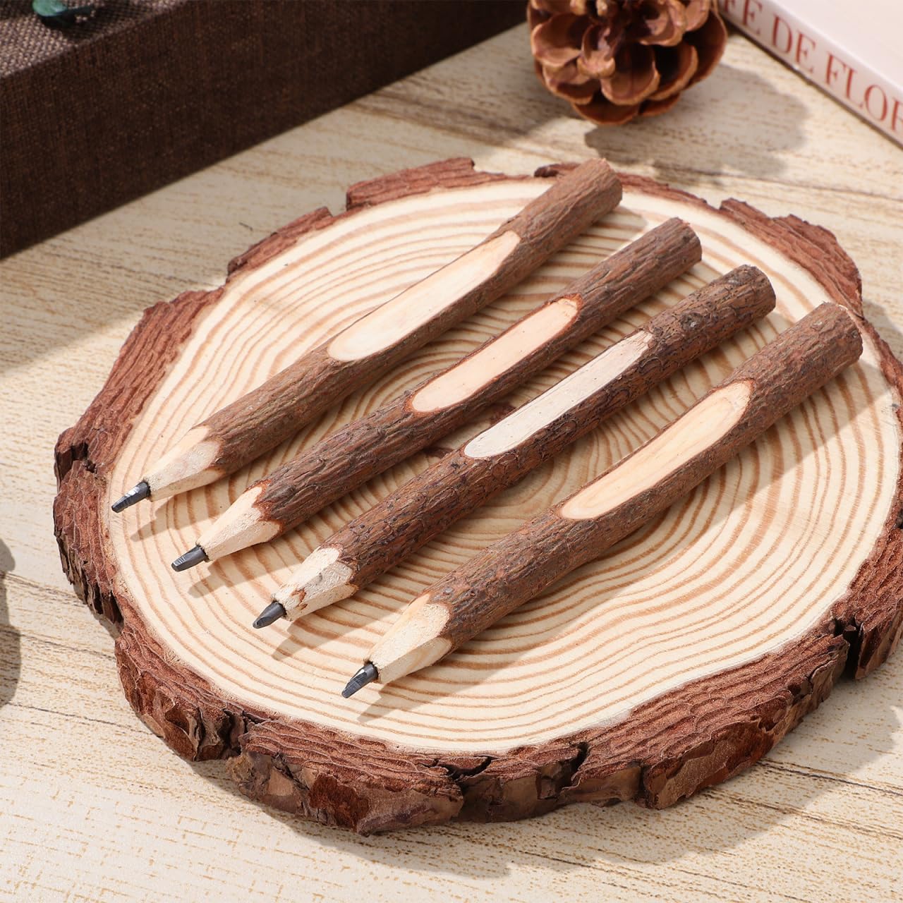 Tofficu 32Pcs Natural Wood Pencils, Wood Graphite Long Twig Pencils, Wooden Tree Bark Pencil Decor, Camping Pens for School Party Supplies Novelty