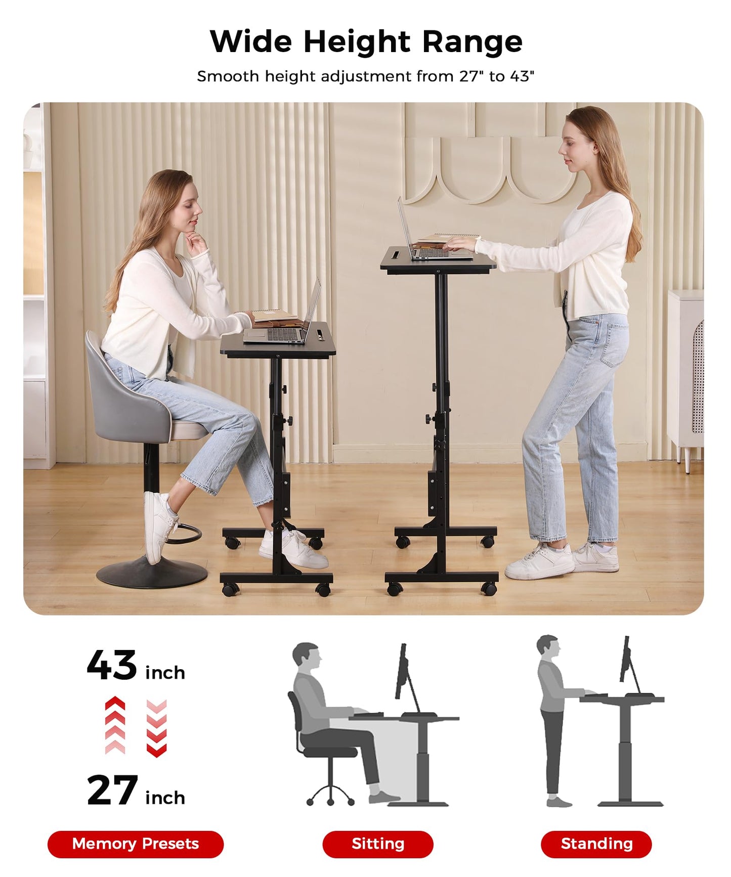 KLSMYHOKI Portable Standing Desk Adjustable Height, Small Computer, Laptop, Mobile Stand Up Rolling Desk with Wheels, Table for Home Office, 16"x31.5" Height 27"-43.5", White