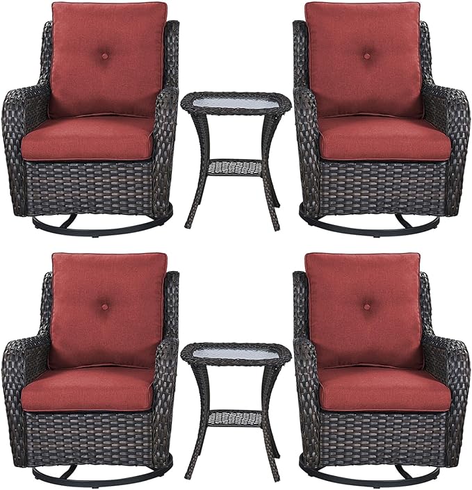 Rilyson Patio Chairs Wicker Outdoor Chair - 6 Piece Rattan Swivel Rocking Chairs Set Patio Glider Rocker Chairs with Glass Top Side Table for Porch Deck Garden Backyard(Brown/Red)
