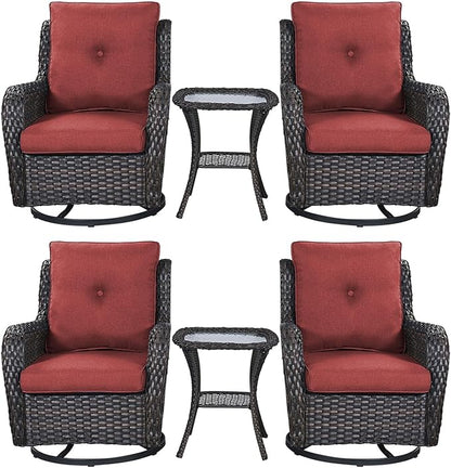Rilyson Patio Chairs Wicker Outdoor Chair - 6 Piece Rattan Swivel Rocking Chairs Set Patio Glider Rocker Chairs with Glass Top Side Table for Porch Deck Garden Backyard(Brown/Red)