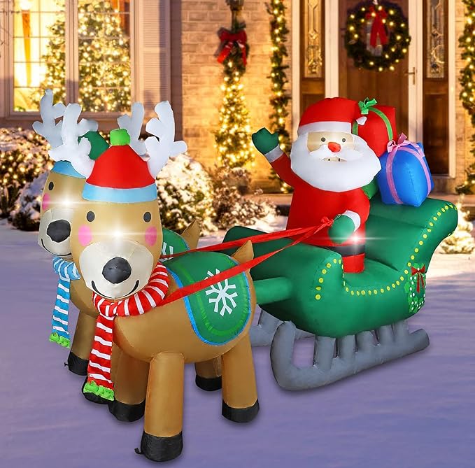 MorTime 6.7 FT Christmas Inflatable Santa Claus on Sleigh Pulled by Two Reindeers with Gift Boxes, Blow up Lighted Xmas Yard Decor with LED Lights for Christmas Outdoor Decorations