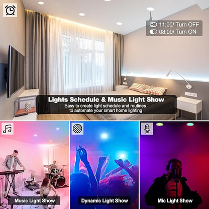 4" Smart Recessed Lighting 6 Pack, Dimmable, Multicolorred, 2700K~6500K, CRI80+, Color Changing Retrofit Bluetooth Mesh LED Ceiling Light, 4 Inch RGB Canless LED Downlight