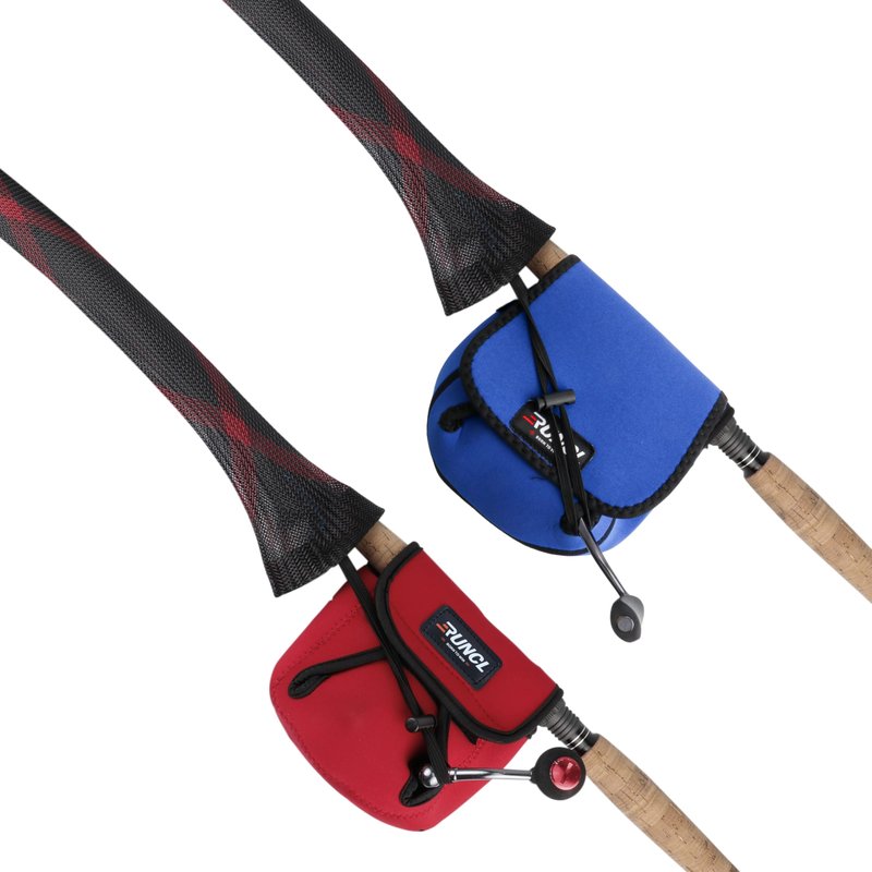 RUNCL Spinning Rod Socks, Fishing Rod Sleeves, Fishing Pole Sleeves (Red&Black, 2pcs) & Spinning Reel Bags, Fishing Reel Covers (2pcs)