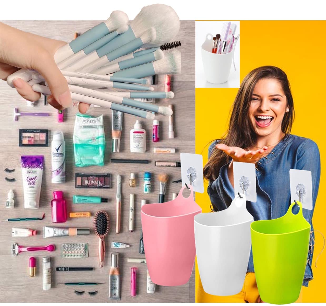 QUALIALL Declutter and Organize with Our Hangable Desktop Trashcan - Small, Multifunctional, and Stylish - Perfect for Makeup Brushes, Lint, and More! Plastic Pink Green White, 3packs