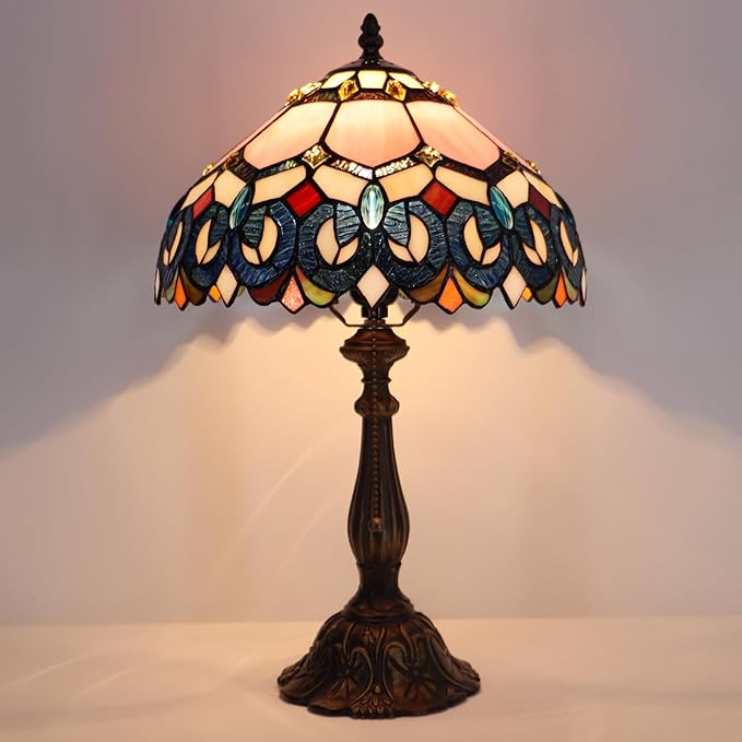Tiffany Lamp Pink Stained Glass Table Lamp Bedside Reading Light W12H19 Inches (Pink Baroque Style)