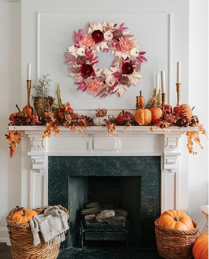 Briful 26" Artificial Fall Wreath with Velvet Pumpkins, Chrysanthemums & Pink Maple Eucalyptus Leaves – Soft Blush Autumn Wreath for Front Door, Fireplace, Wall Decor