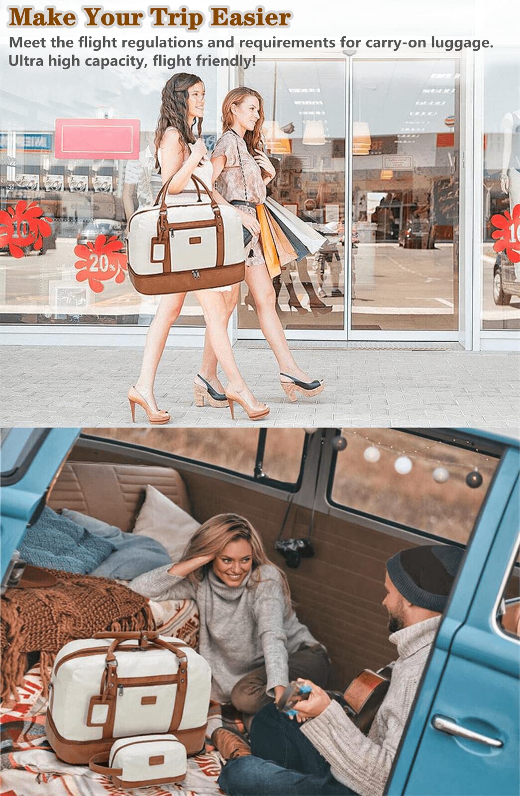 Wogarl 4PCS Weekender Bags for Women Large Overnight Weekend Travel Duffel Carry on Shoulder with Shoe Compartment Canvas Toiletry Bag for Travel Business Gym,Beige