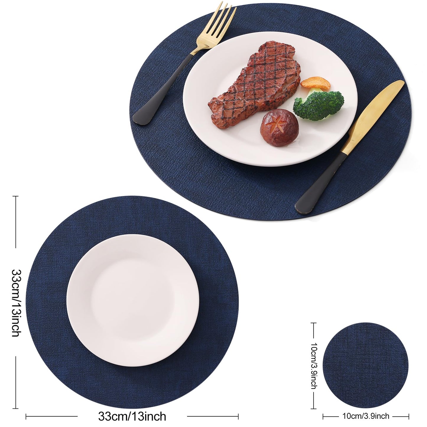 Homaxy Round Faux Leather Placemats and Coasters, Washable Dual-Side Table Mats, Wipeable Heat-Resistant Dining Place Mats for Outdoor and Indoor, Set of 4, Diameter 13 and 3.93 inch, Navy Blue