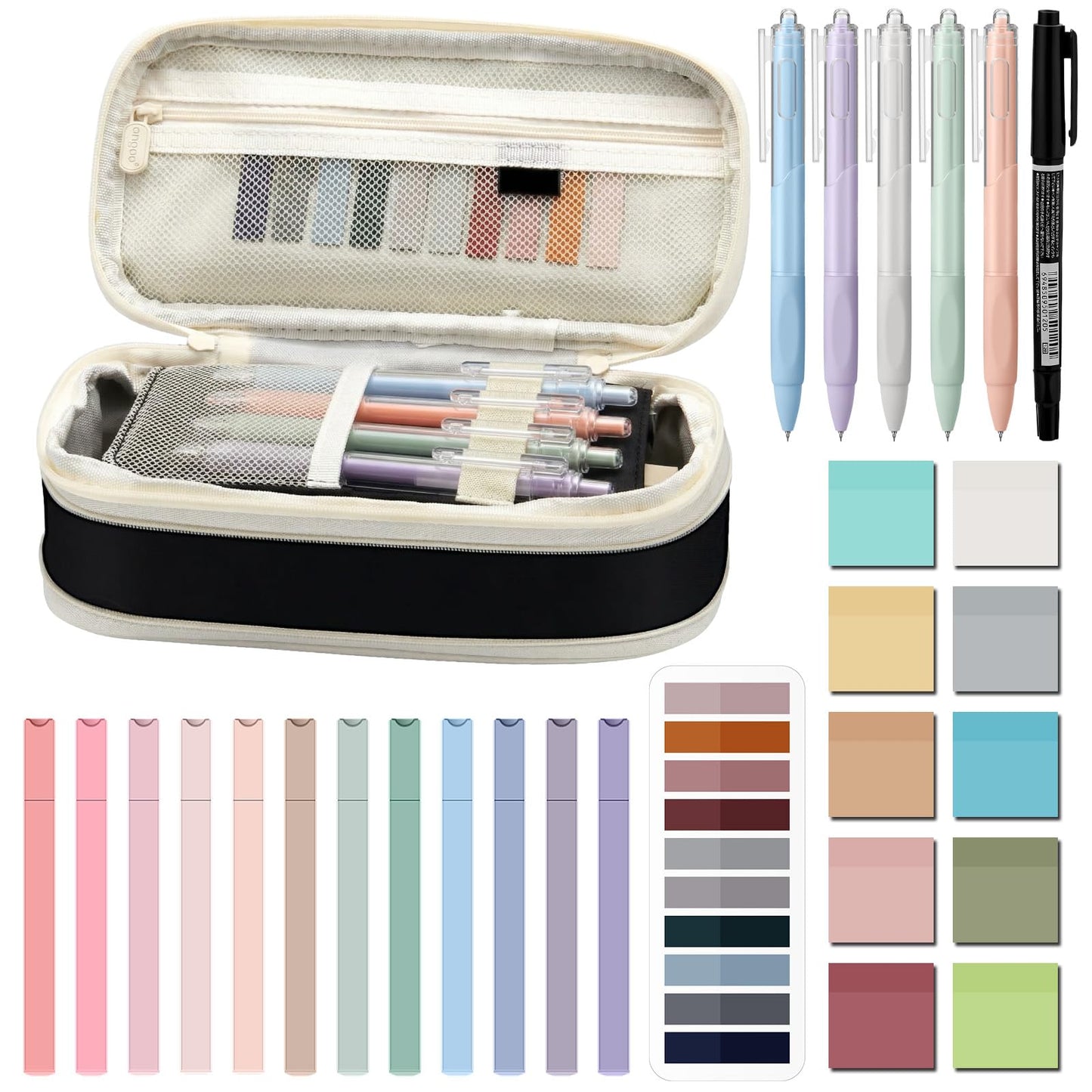 Jutom 39 Pcs Aesthetic Book Annotation Kit Highlighter with Pencil Case Bag Gel Pen Transparent Sticky Note Taking Bible Study College School Supplies(Black,Cute Style)