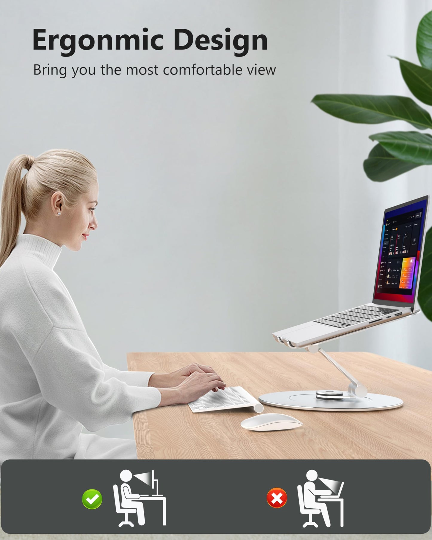 LOXP Laptop Stand with Phone Holder, Adjustable Laptop Stand with 360 Rotating Base, Aluminum Computer Mount Holder, Ergonomics Laptop Riser for Desk, Fits MacBook, up to 17.3" All Notebooks Silver