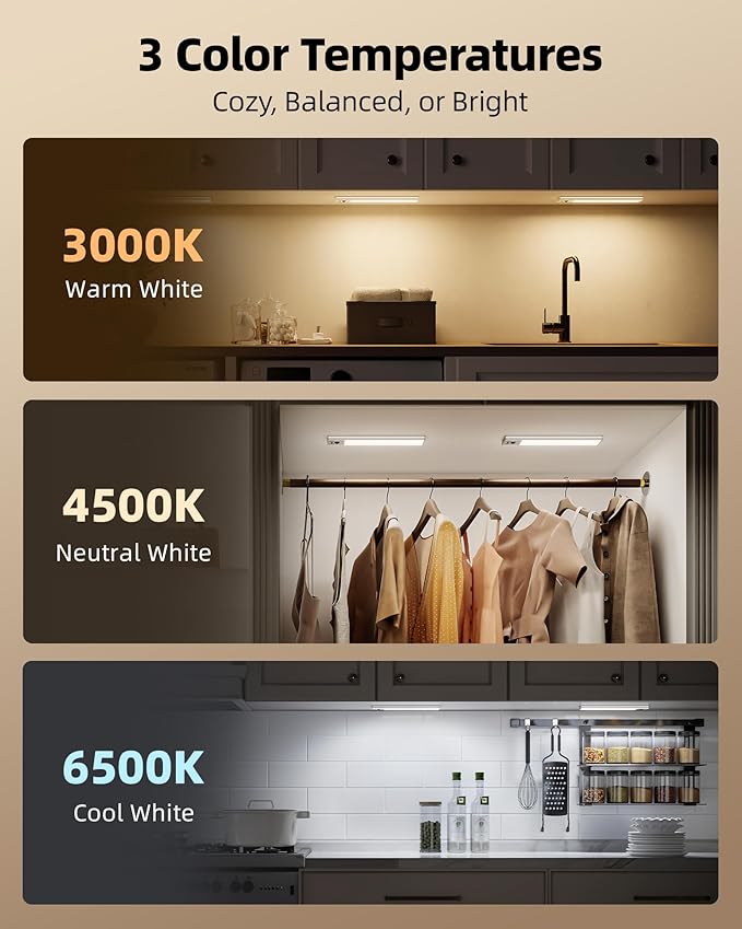EZVALO 3 Pack Under Cabinet Lighting, 2400mAh Rechargeable Motion Sensor Light, 10inch Magnetic Closet Lights with Dimmable & 3 Color Temps, Wireless Motion Activated Lights with Remote for Kitchen
